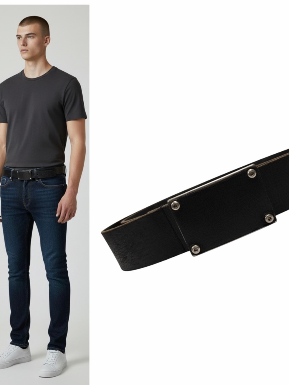 Vintage Aviator Black Leather Belt with Silver Plate Buckle